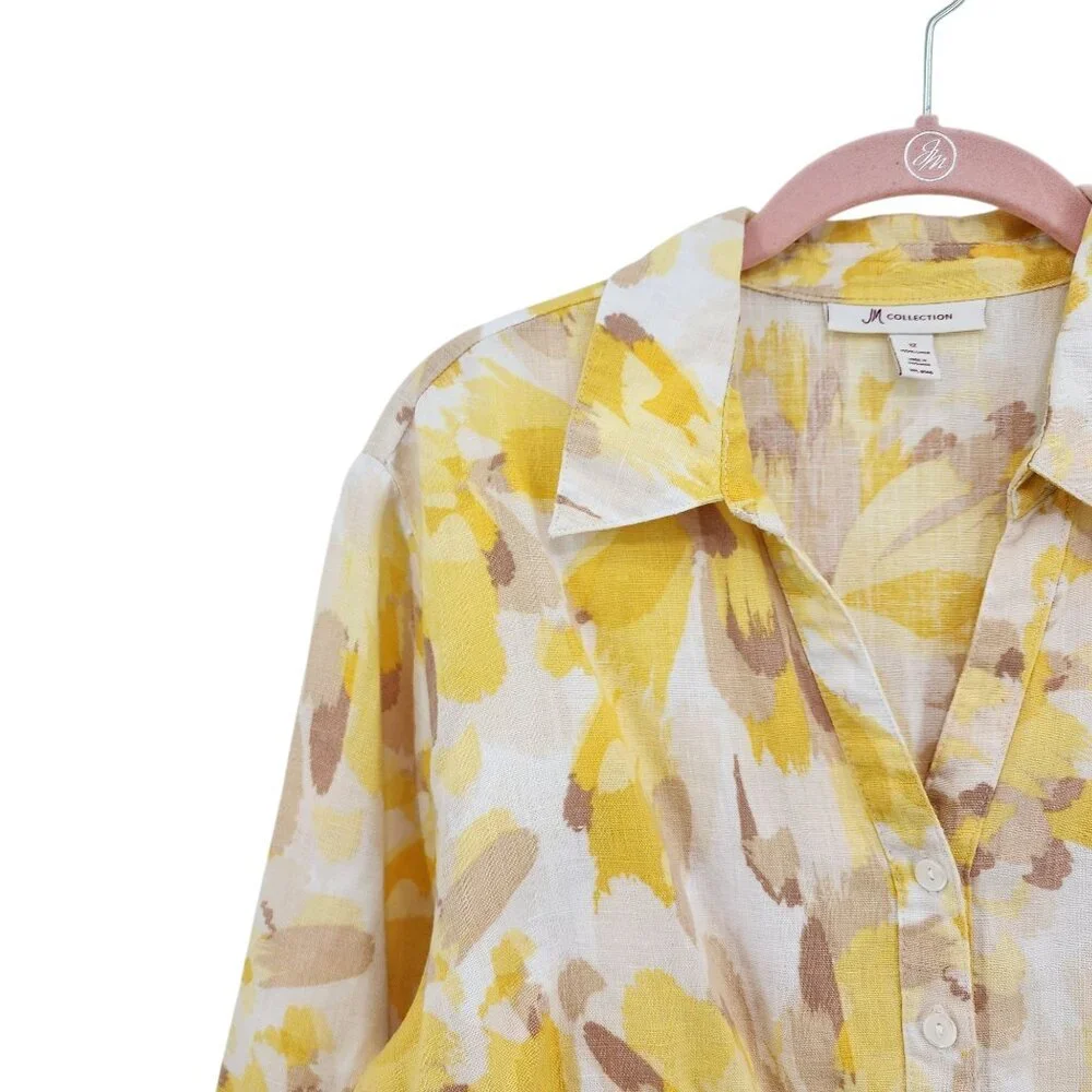 JM Collection Women's 100% Linen Button Down Shirt Artsy Sz 12